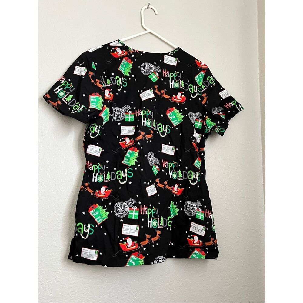 Santa’s Night Flight Christmas Scrub Top. Sz M